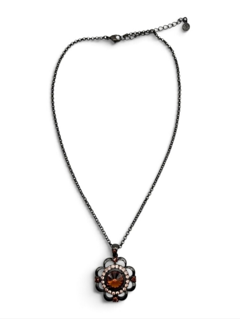 Butler & Wilson Vintage Crystal Pendant Necklace - Gunmetal & Amber - LIKE NEW